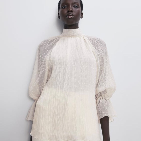 NWT Zara Swiss Dot Sheer Balloon Sleeve Mockneck Peasant Blouse With Bow - Picture 3 of 13